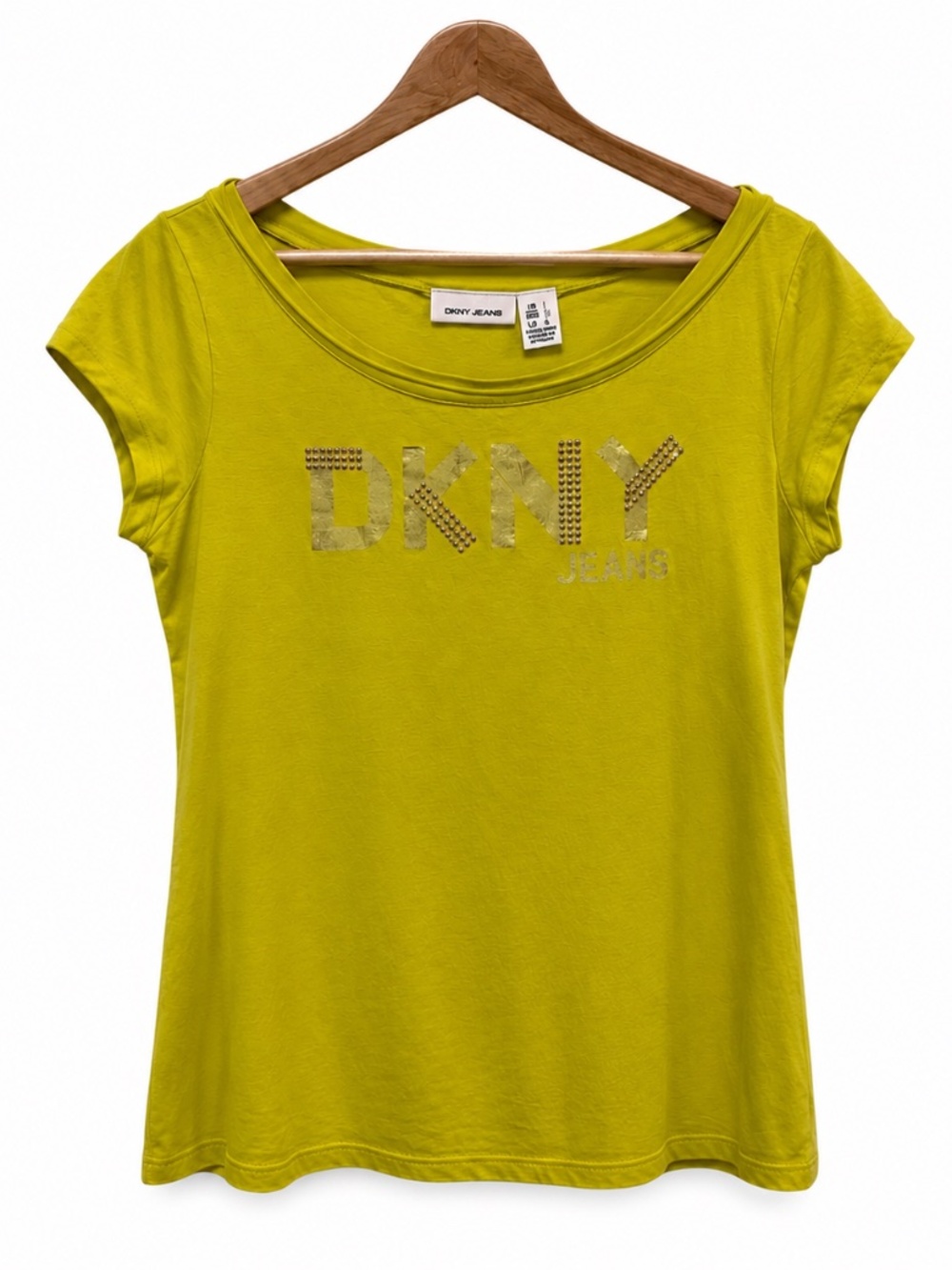 DKNY Jeans Yellow Embellished Logo Tee Short Sleeve Top Women’s Large